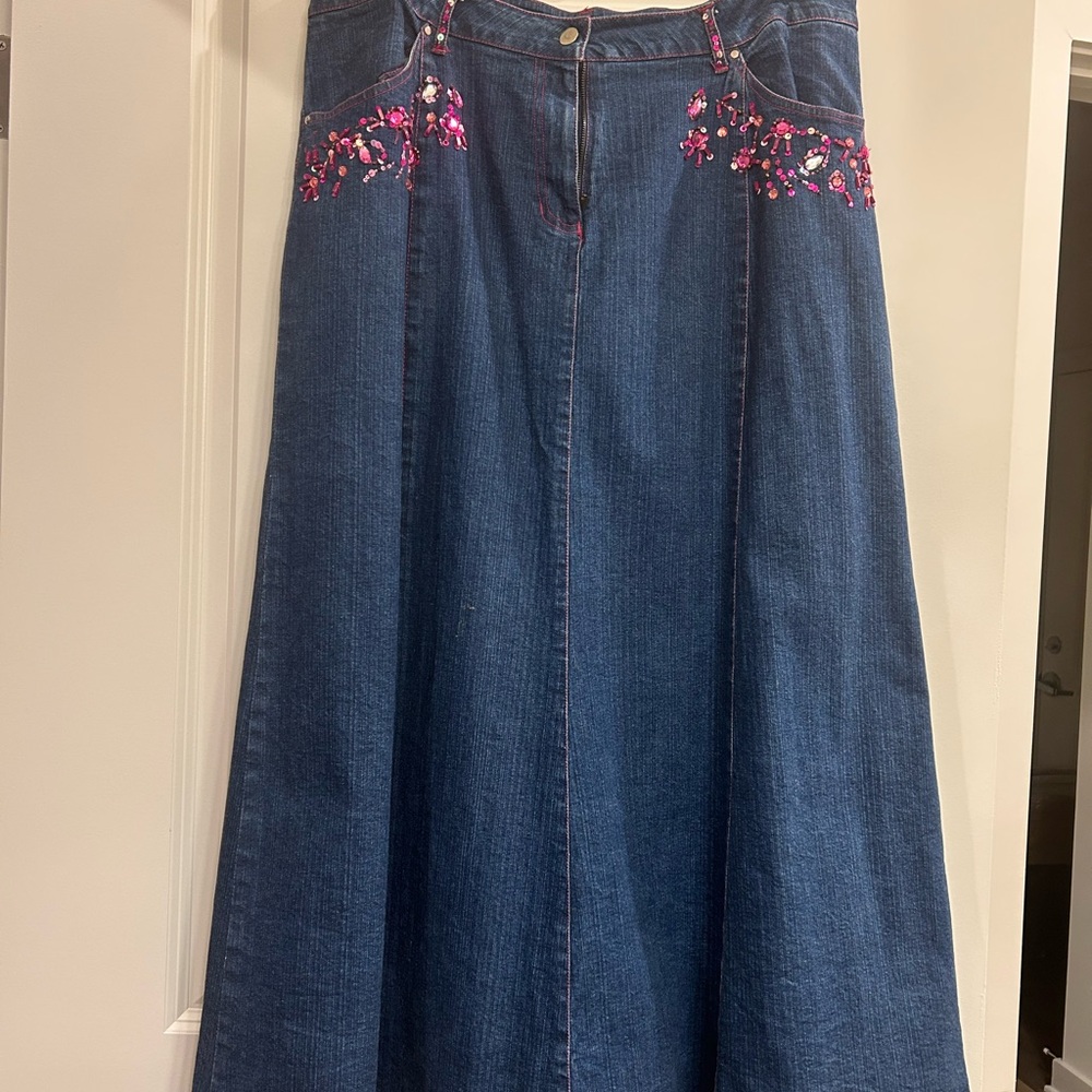 Ashro Maxi Denim Pleated Skirt with Pink Embroidery and Jewels on Front and Bk